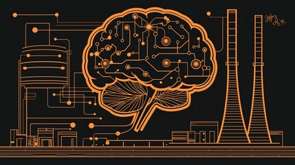 A minimalist vector illustration of an AI brain with glowing circuits connected to a nuclear power plant, symbolizing AI-driven energy solutions