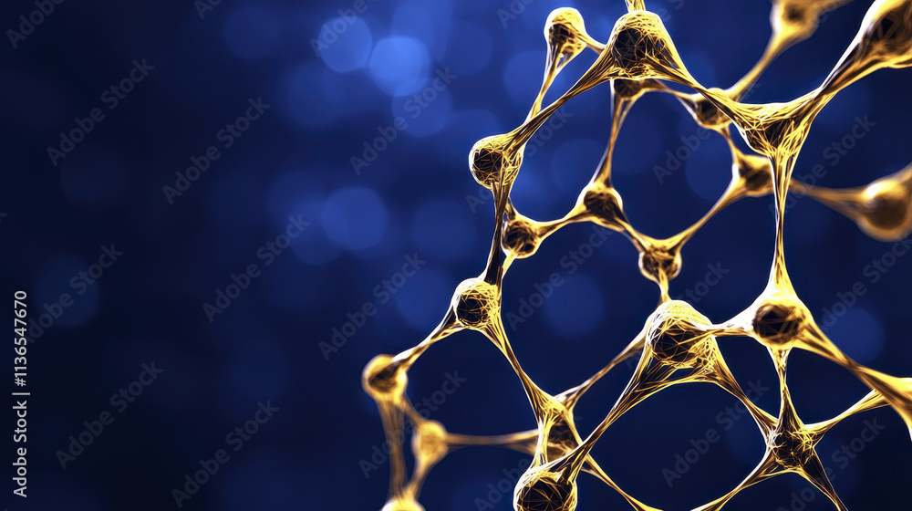 Poster molecular structure with golden nodes on blue background, representing scientific concepts and innov