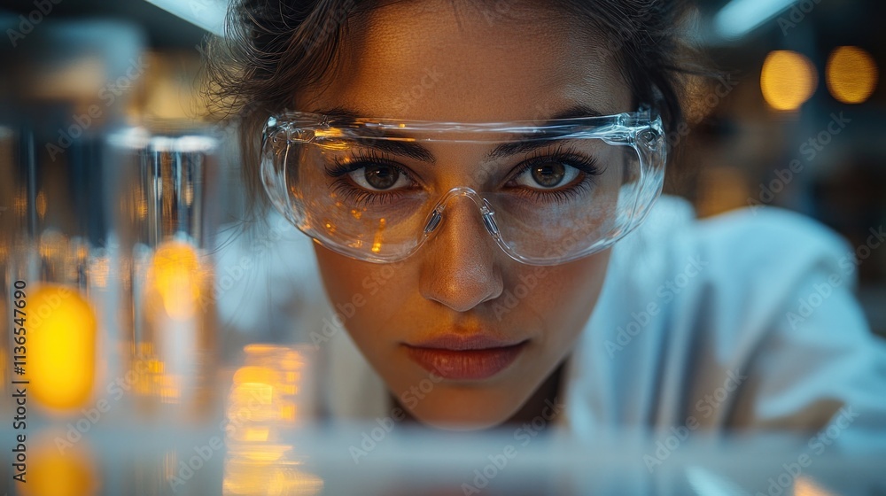 Poster scientist focused on experiments in laboratory background