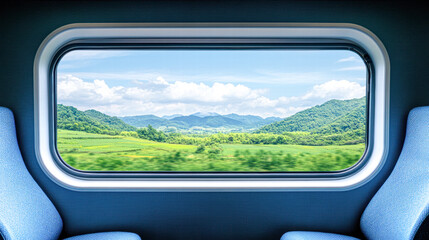 Naklejka premium A train window shows a beautiful landscape with mountains in the background