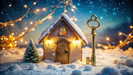 Naklejka premium A whimsical winter scene featuring a miniature house nestled in the snow, illuminated by warm lights, and accompanied by a large, ornate golden key.