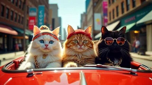 group of rich, important, fluffy cats in knitted hat and sunglasses in chains and jewelry, driving in an open car, in a convertible driving, driving along the city street