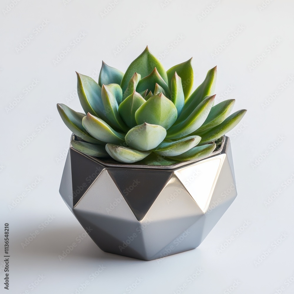 Poster a single succulent in an angular metallic pot set at the center of an open white background