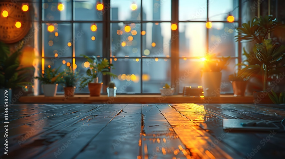 Poster window with lights shining through it and a view of a city
