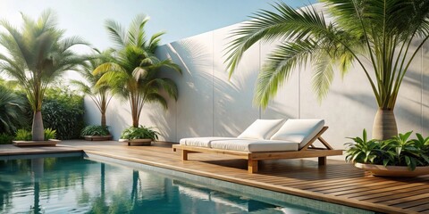 Serene Poolside Relaxation  Wooden Deck, Lush Tropical Plants, and Comfortable Lounge Chairs