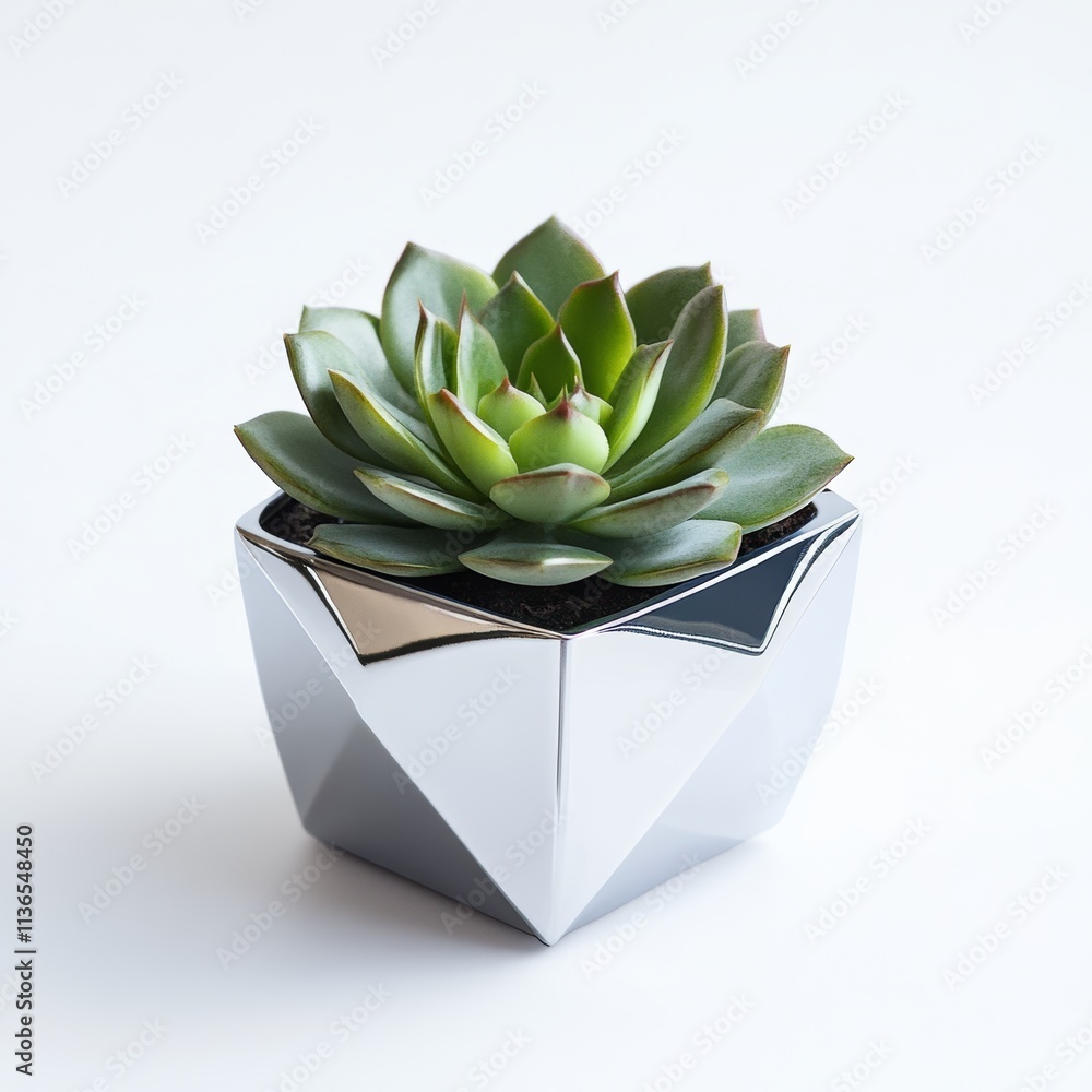 Poster a single succulent in an angular metallic pot set at the center of an open white background