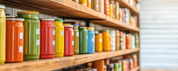 Naklejka premium Rows of labeled canned goods on shelves, organized and visually appealing, symbolizing generosity