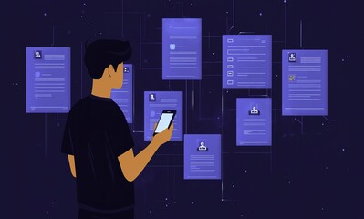 Digital icon representing an employee's profile next to a character symbolizing a company member