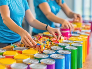 Volunteers organizing canned food items on a table, vibrant lighting, symbolizing teamwork and community spirit