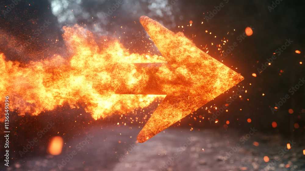 Poster flaming arrow moves forward against a dark backdrop, leaving sparks and smoke behind