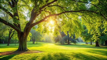 Naklejka premium Serene Sunrise Illuminates Lush Green Park with Majestic Trees
