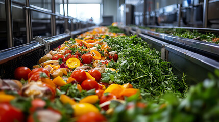 Fresh vegetables and herbs are beautifully arranged in processing facility, showcasing vibrant colors and textures. scene captures essence of healthy food preparation and sustainability