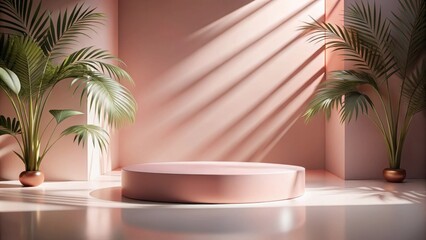 Obraz premium Minimalist pink room with round pedestal and potted plants bathed in sunlight