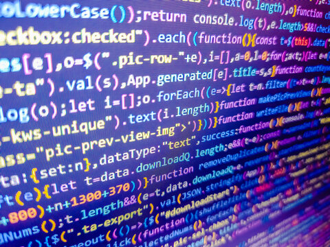 Big overload blockchain data. Can be used as background and banner. Software development by programmer. Computer source code in blue. Website codes on monitor. Programming concept. Binary code. - Powered by Adobe