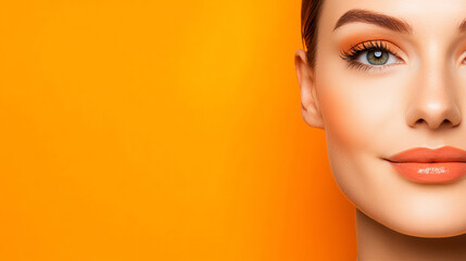 A close up of womans face against vibrant orange background, showcasing her flawless skin, bright eyes, and stylish makeup. image radiates confidence and beauty