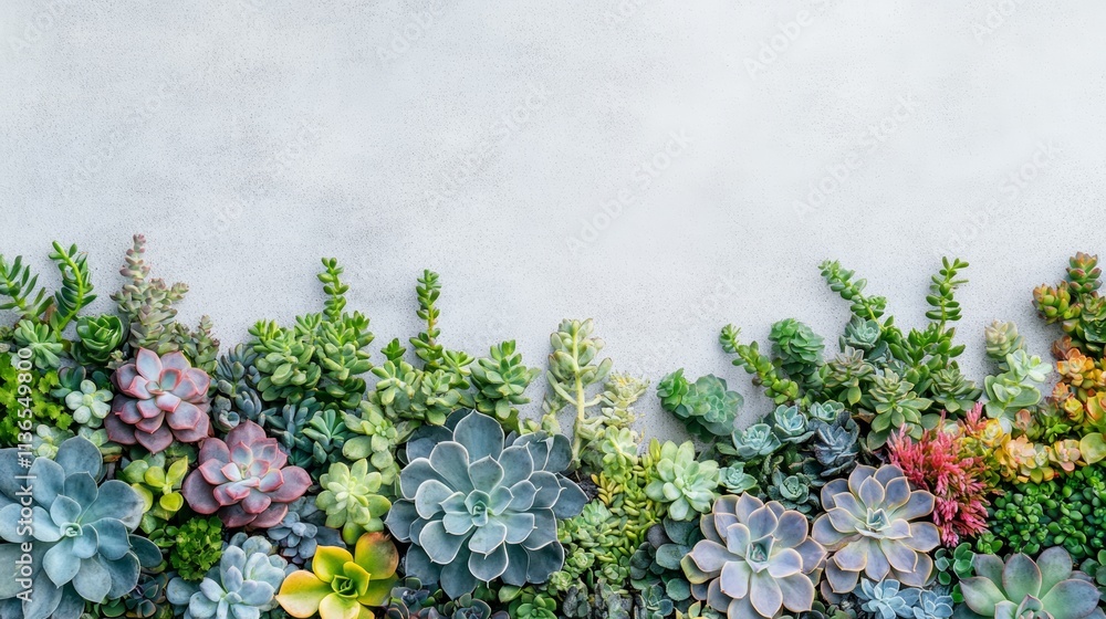 Poster an assortment of colorful succulents spread across a horizontal frame in a clean minimalistic style