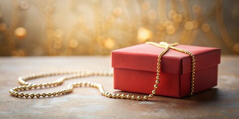 A scarlet gift box adorned with a golden beaded necklace sits on a textured surface against a bokeh background