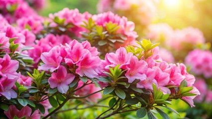 Vibrant Pink Azalea Blooms in a Lush Garden Setting, Bathed in Sunlight