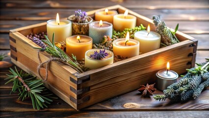 Fototapeta premium Wooden Box of Scented Candles and Herbs for Relaxation