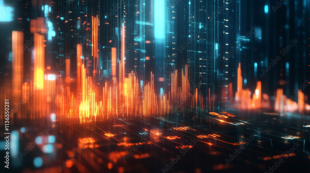 Poster Futuristic server room or digital network visualized with glowing orange and blue lines during complex data processing