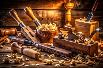 Low Light Woodworking Tools Photography: Chisels, Planes, and Mallet in Dark Workshop