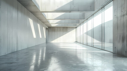 Concrete Minimalism: A spacious, contemporary interior bathed in natural light, featuring clean lines and a minimalist aesthetic. This expansive space boasts a polished concrete floor and walls.