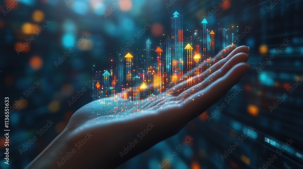 Poster digital hand displaying rising data trends and analytics