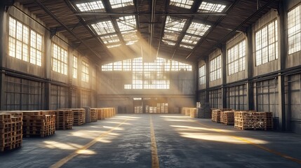 Vast Empty Industrial Warehouse with Wooden Pallets and Sunlight Beams
