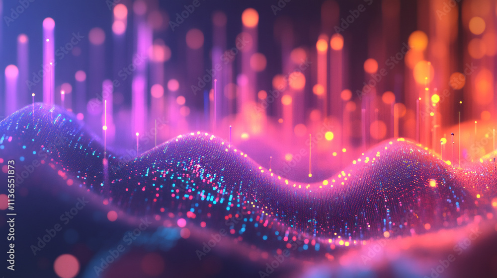 Aufkleber digital landscape with glowing hills made of colorful particles, representing futuristic technology 