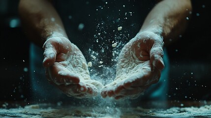 Fototapeta premium Male Hands Kneading Flour Dusted Dough Against Dark Background