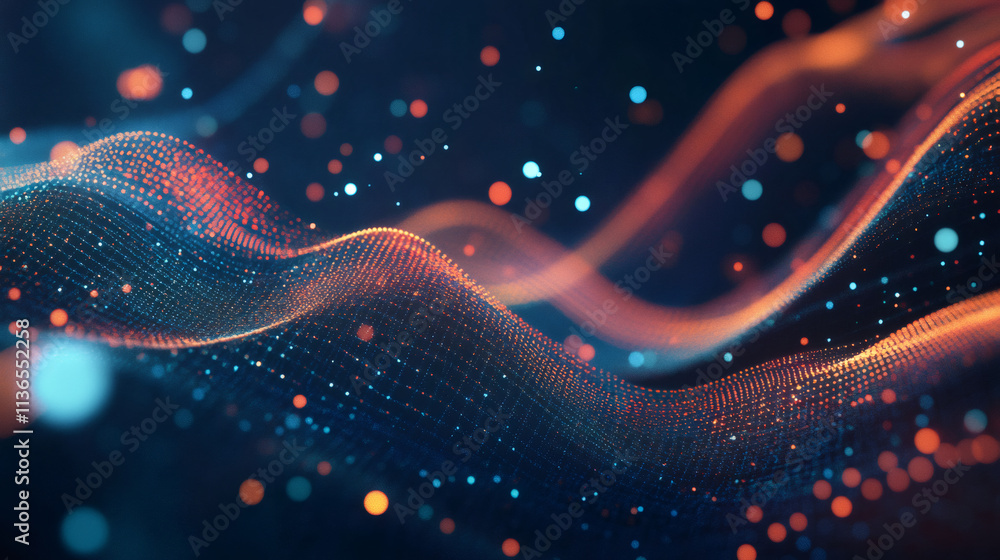 Poster orange particles flowing over dark blue digital landscape, creating wavy grid pattern with depth of 