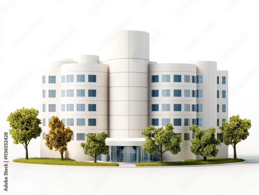 Poster a modern architectural model featuring a multi-story building surrounded by trees, emphasizing clean