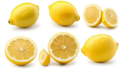 A set of Lemon isolated on a white background. It includes whole,halved and slice, all with full depth of field. --ar 7:4