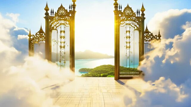 Open golden gates of Paradise against white clouds. Entrance to the afterlife for the righteous. Golden gates of Paradise stand wide, inviting the faithful to enter.