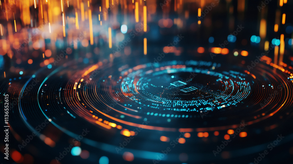 Poster Orange and blue lights creating futuristic hologram with data stream and concentric circles rotating