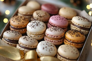 Fototapeta premium Close-up of colorful pastel macarons beautifully arranged in an open gift box with a golden ribbon. 