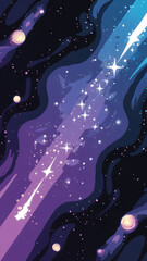 An abstract illustration of a purple and blue night sky filled with stars and a white flare.