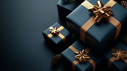 Black and Gold Christmas Gift Boxes with Ribbon on Dark Background