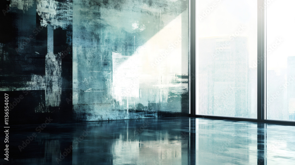 Poster Sunlight illuminating empty room with grunge wall and shiny floor reflecting large windows and blurry city view