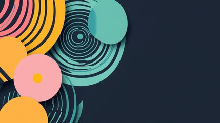 Design a flat, minimal cover featuring abstract spirals and geometric patterns. Utilize a color scheme of mint green, blue, yellow, and pink on a dark blue background. 