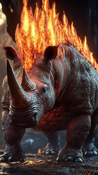 Rhinosaur with flames on its back stands boldly in a dark volcanic landscape during a fierce display of nature's power