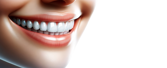 Closeup of a smiling mouth with white teeth, isolated on a clean white background, highlighting dental health, beauty, and care concept. Ai generative