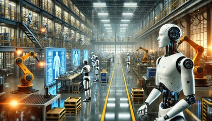 An industrial scene illustrating AI humanoid robots as a solution in manufacturing.