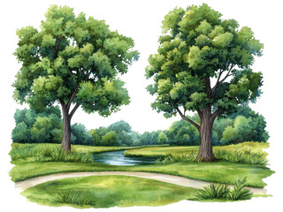 Serene Nature Landscape Featuring Majestic Trees by a Gentle Stream in a Lush Green Meadow