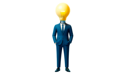 Creative illustration showing a suit-wearing person with a light bulb head, isolated on a white background, symbolizing innovation and creativity. Ai generative