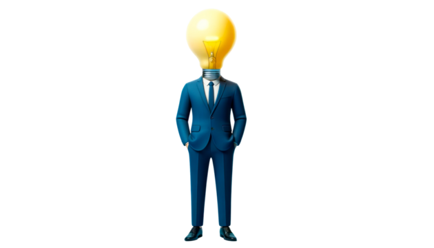 Creative illustration showing a suit-wearing person with a light bulb head, isolated on a white background, symbolizing innovation and creativity. Ai generative