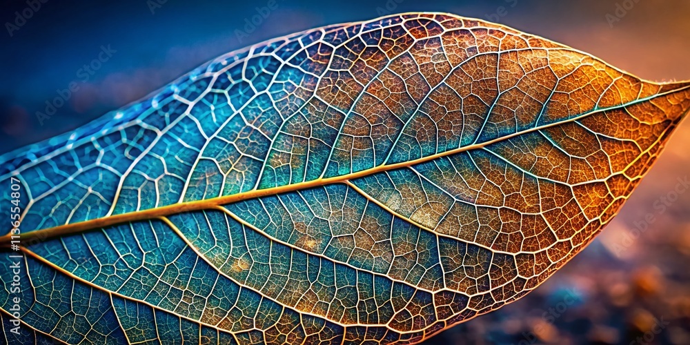 Poster macro close-up of a dry leaf skeleton, isolated on a soft background, showcasing intricate veins and