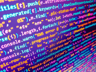 Software development pattern. Screens with program web code and mouse  monitor background. Php web programming source code. Backend coding with go and java. Blue screen of death on the monitor.