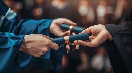 Graduation Ceremony: A Close-up of two hands exchanging diplomas, symbolizing the culmination of years of hard work and dedication. A powerful image of academic achievement and new beginnings.