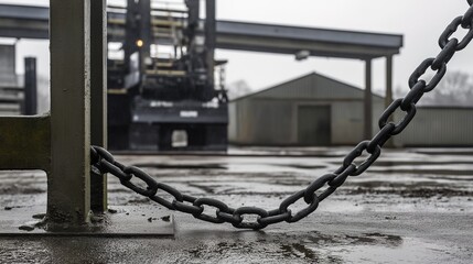 Closed factory gate with chain and padlock, symbolizing the end of an era and the transition to new beginnings. Industrial decline and the shift towards modernization and renewal.